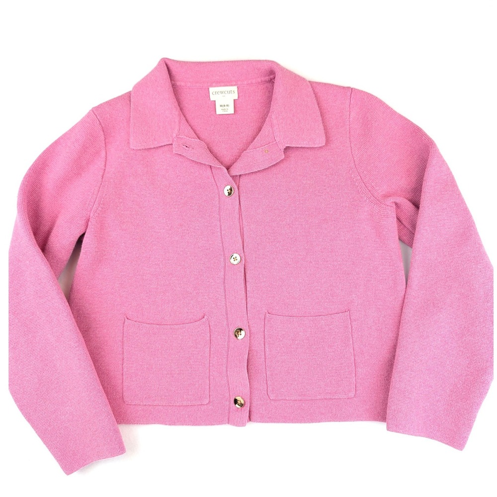 Crewcuts Cardigan Pink Gold Button Polo Collar Girls Sweater M 8-9